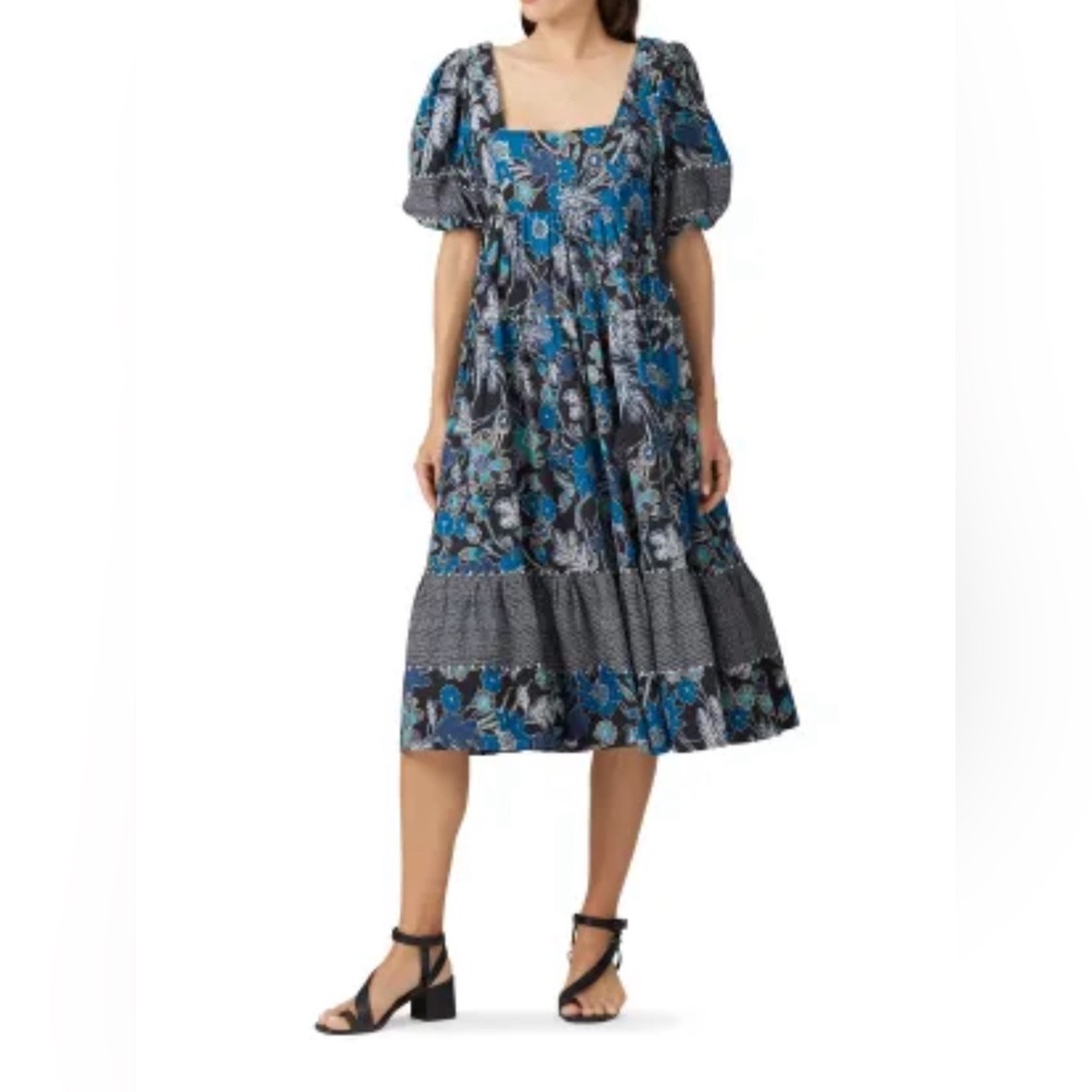 Ulla Johnson $495 Floral Nora Blue Puff Sleeve Dress Size Small